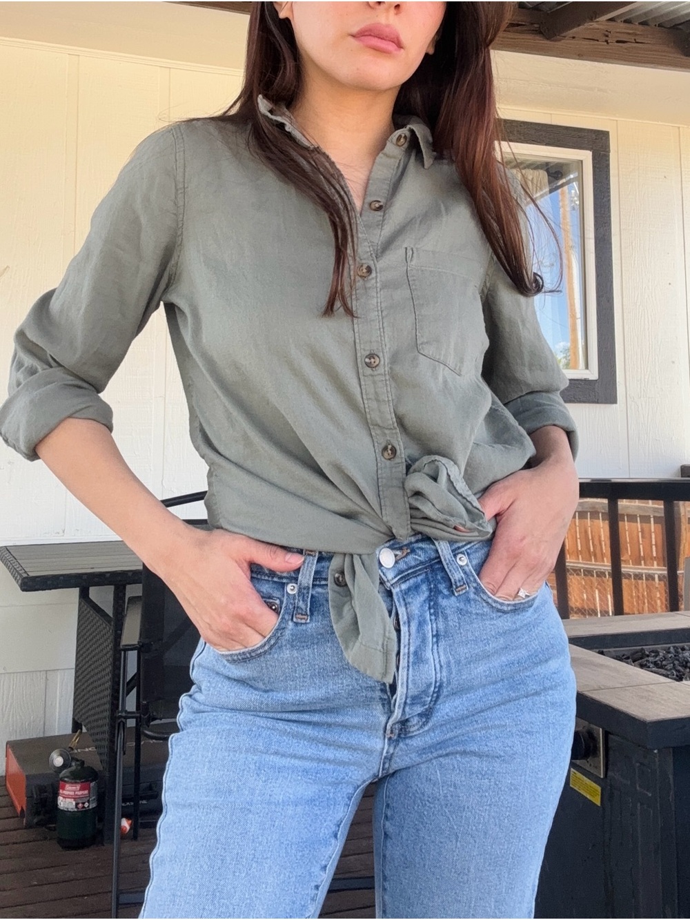 SO Olive Green Button-Front Tie Hem Shirt